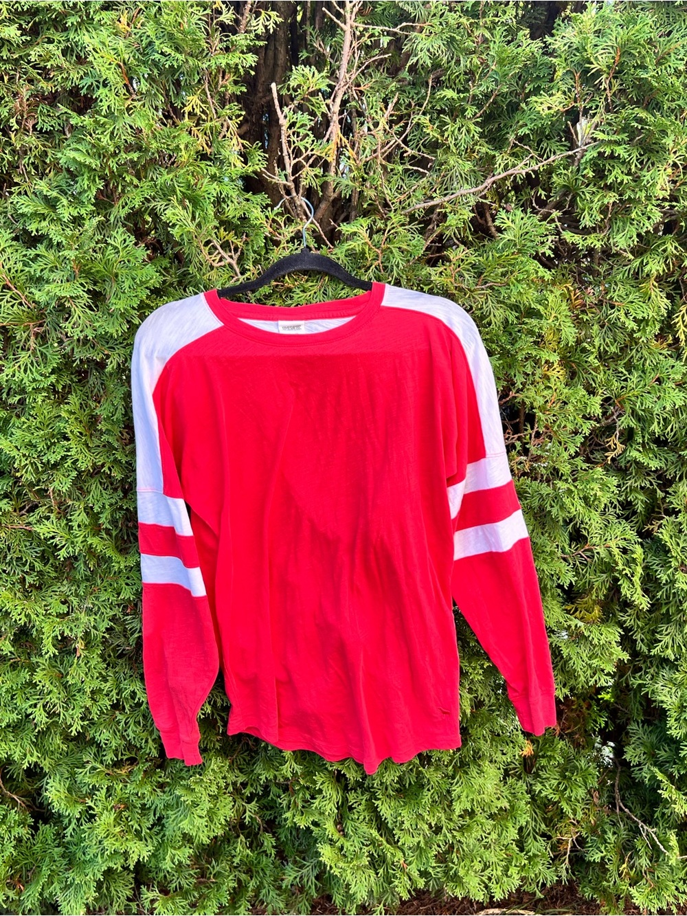 PINK Victoria's Secret Red Long Sleeve Athletic-Style Tee with White Stripes